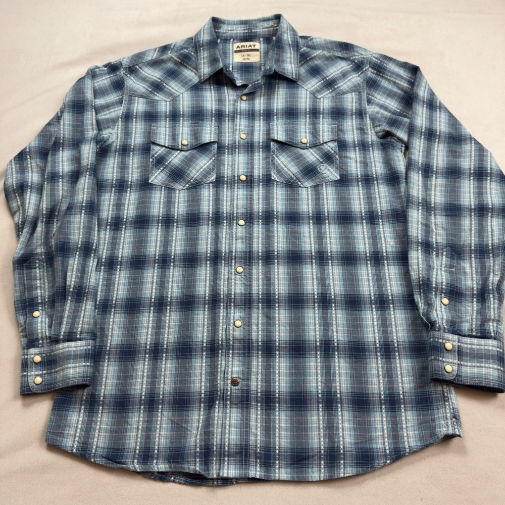 Ariat Men's Retro Fit Blue Plaid Western Snap Long Sleeve‎ Shirt Large Tall FLAW